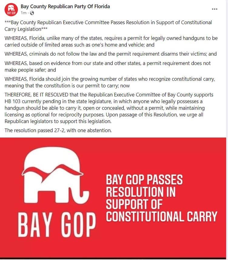 Bay County Republican Party of Florida resolution in support of Constitutional Carry