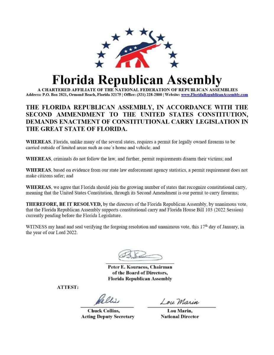 Florida Republican Assembly resolution in support of Constitutional Carry