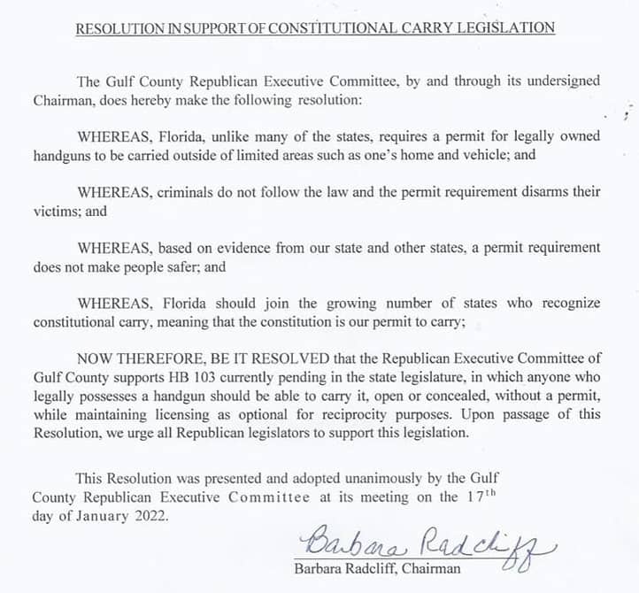 Gulf County Republican Executive Committee resolution in support of Constitutional Carry