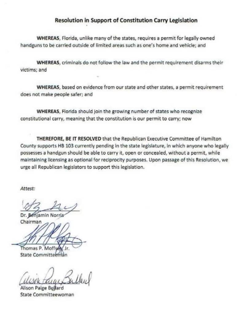 Republican Executive Committee of Hamilton County resolution in support of Constitutional Carry