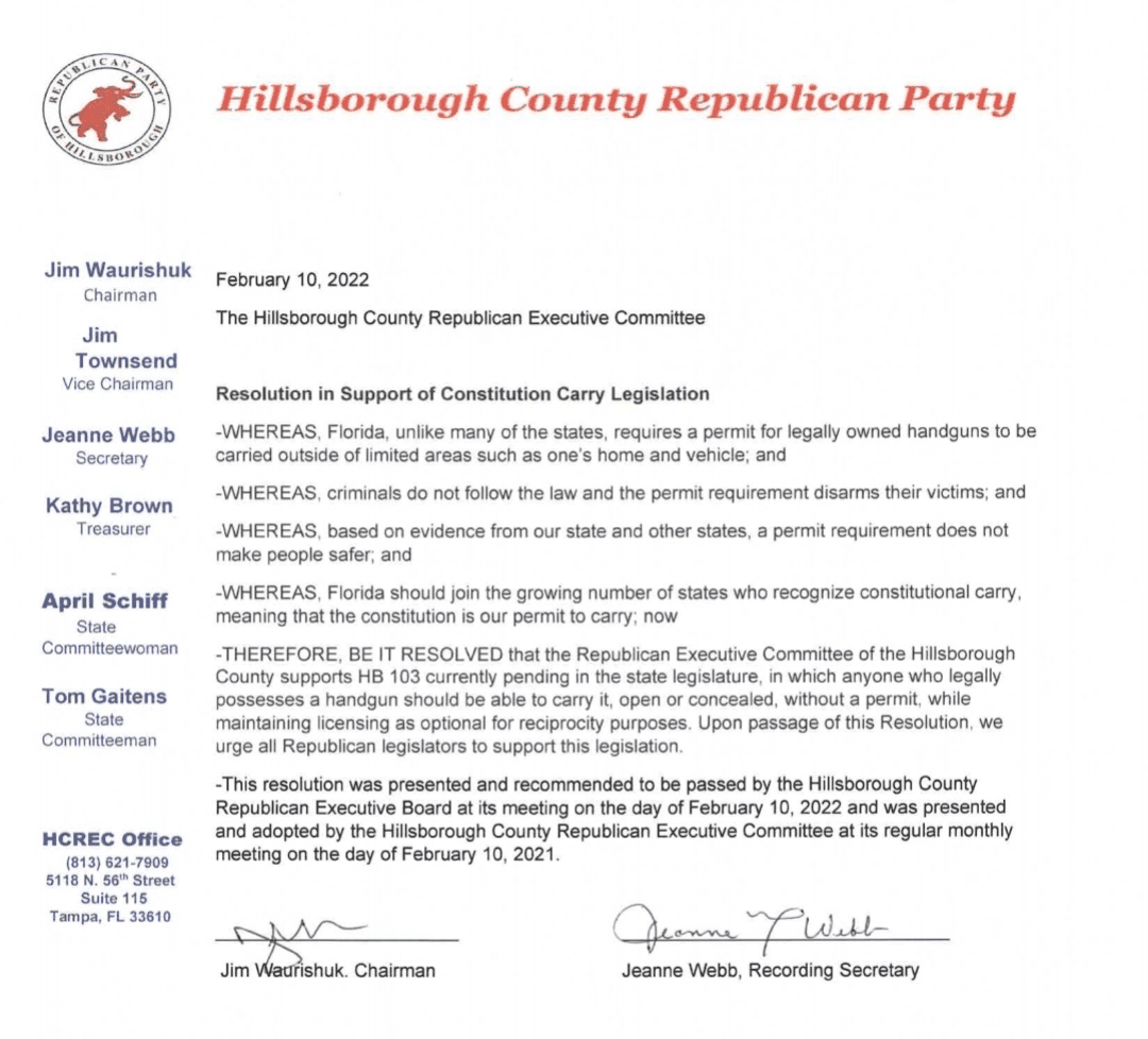 Hillsborough County Republican Party resolution in support of Constitutional Carry
