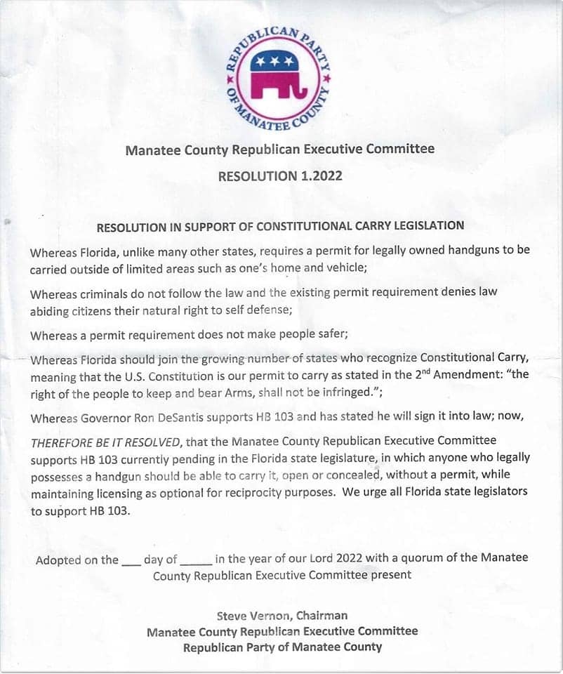 Manatee County Republican Executive Committee resolution in support of Constitutional Carry