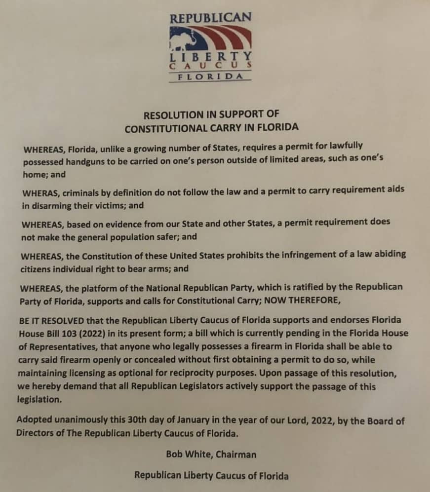 Republican Liberty Caucus of Florida resolution in support of Constitutional Carry