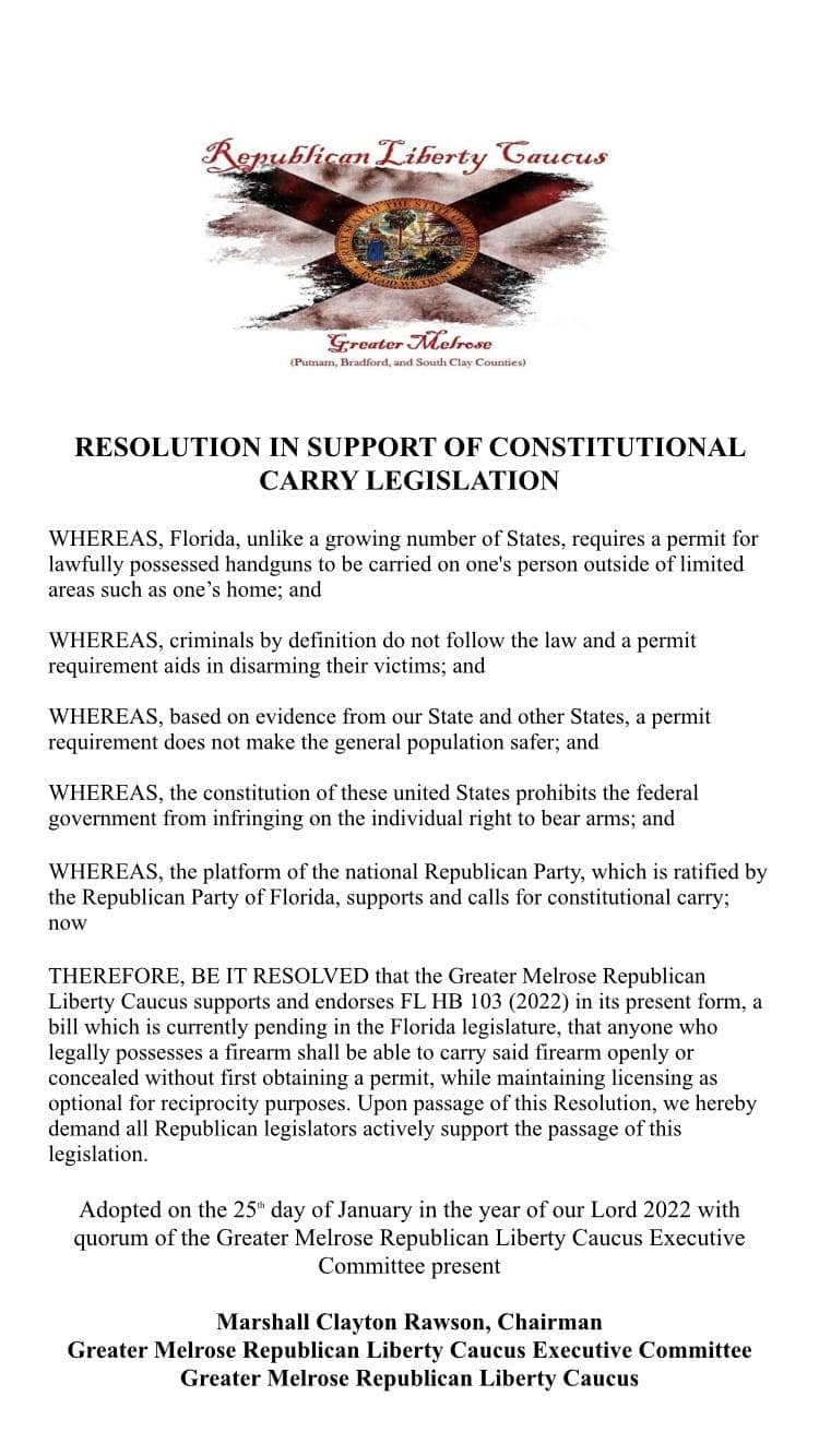 Greater Melrose Republican Liberty Caucus Executive Committee resolution in support of Constitutional Carry