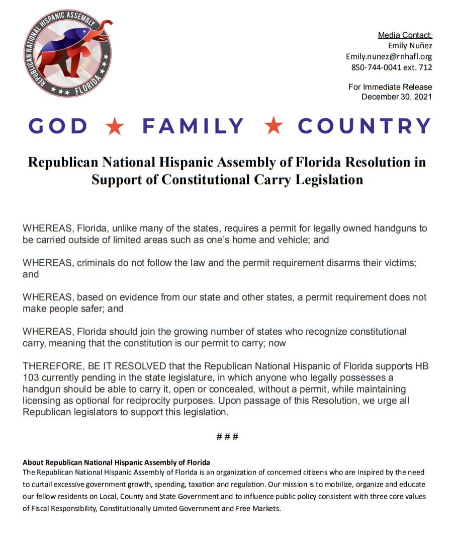Republican National Hispanic Assembly of Florida resolution in support of Constitutional Carry