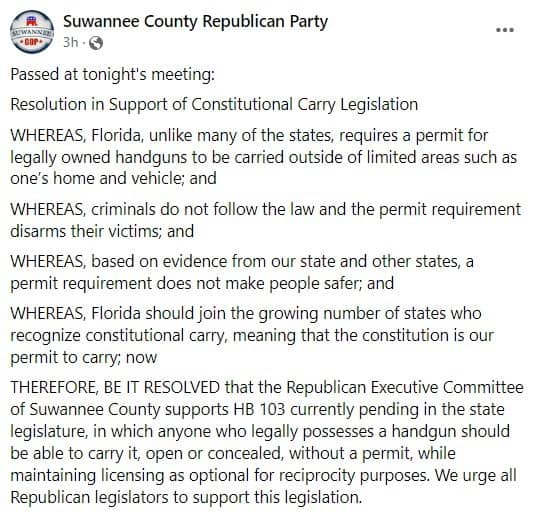 Suwannee County Republican Party resolution in support of Constitutional Carry
