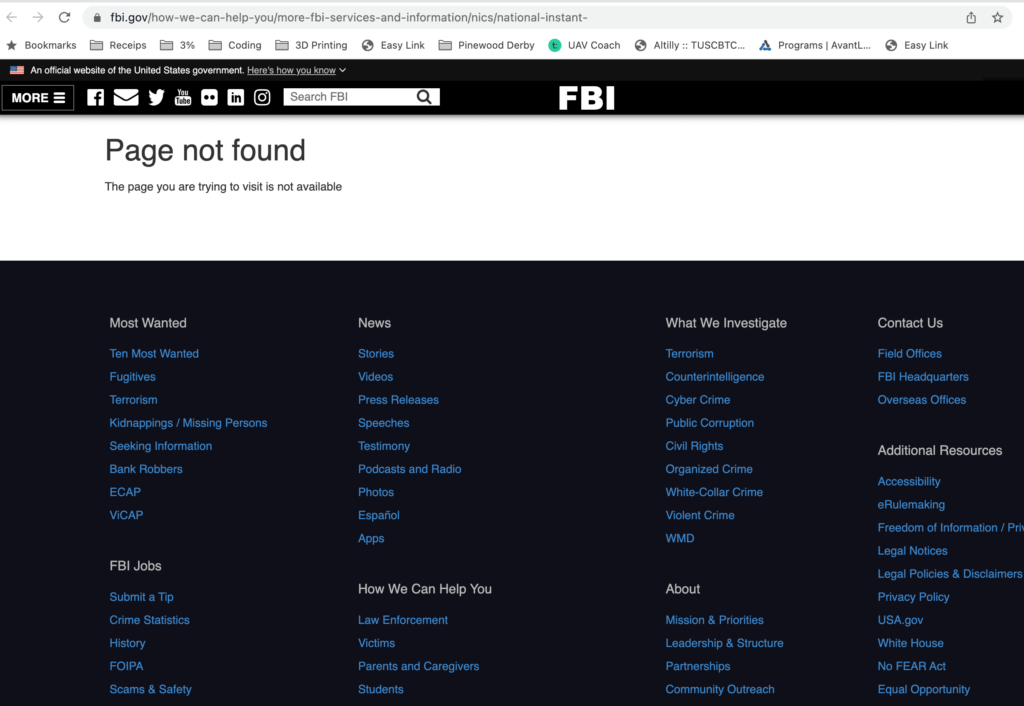 A screenshot of a broken link on the FBI's website