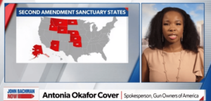 Antonia Okafor speaking on TV about recently-added sanctuary states