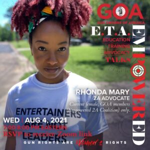 Empowered 2A meeting with Rhonda Mary on Wednesday, August 4, 2021. RSVP to receive a Zoom link.